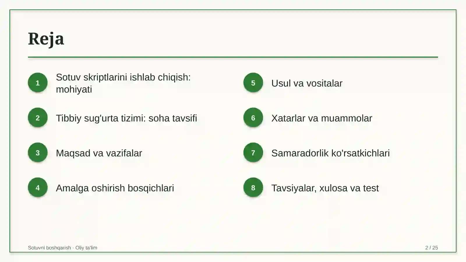 Tibbiy sug'urta tizimida sotuv skriptlarini ishlab chiqish 2