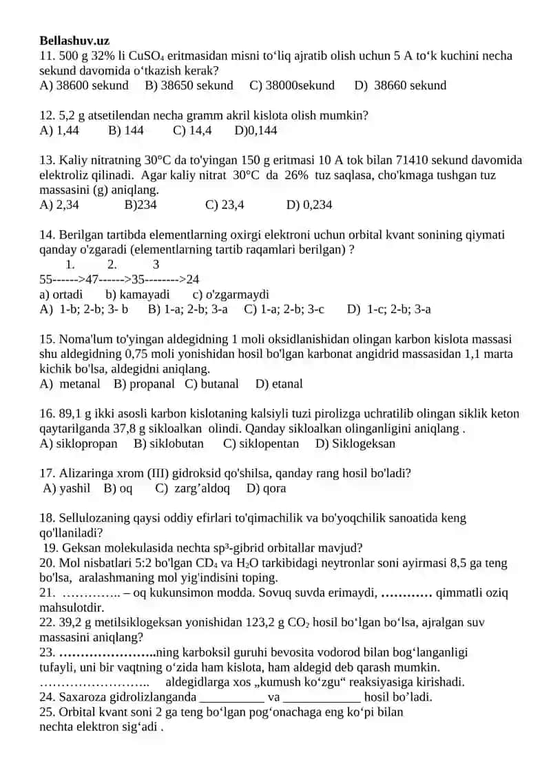 11-sinf. KIMYO. TEST 2
