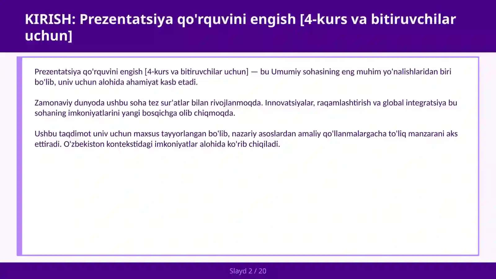 Prezentatsiya qo'rquvini engish [4-kurs va bitiruvchilar uchun] 2
