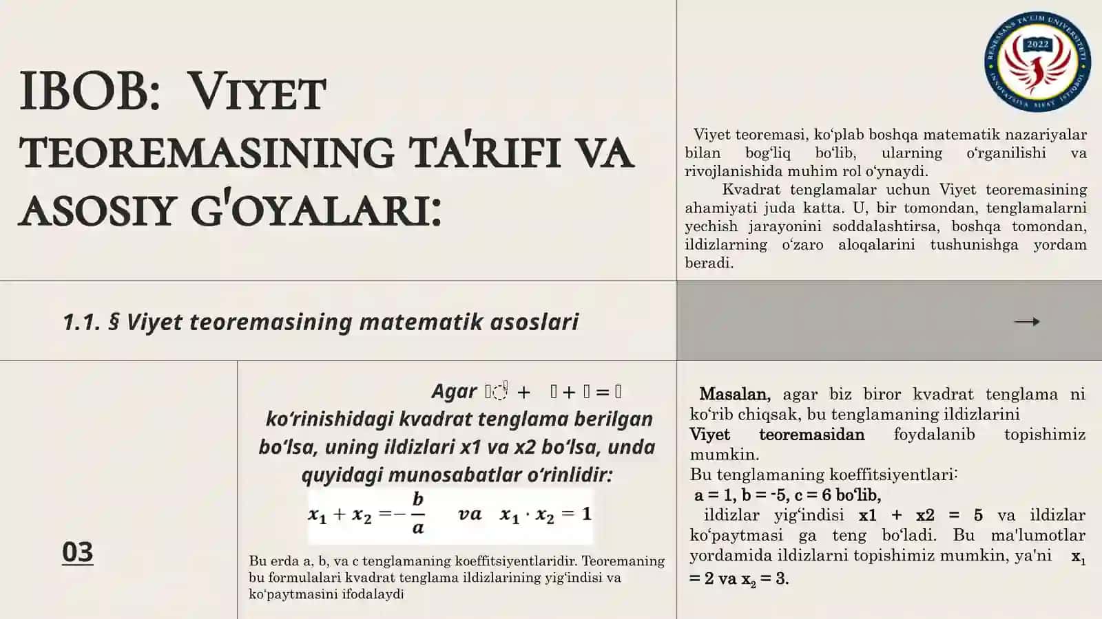 VIYET TEOREMASI VA UNING QOLLANISHI 2