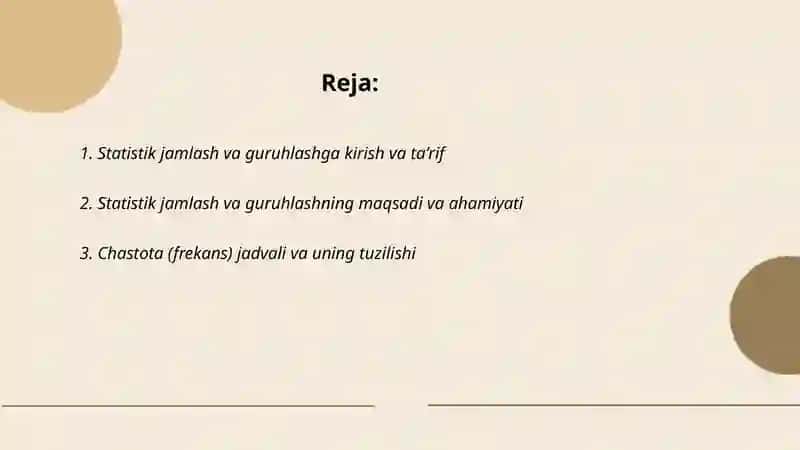 Statistik jamlash va guruhlash 2