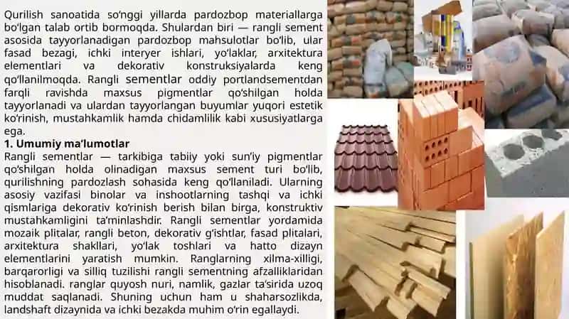 Qurilishida pardozbop rangli sement materiallarini qo’llanilishi 2