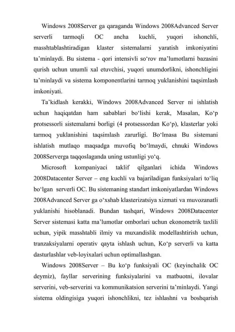 Microsoft Windowsni o’rnatish va sozlash. Microsoft Windows server 2008 dasturini tasnifi. 2