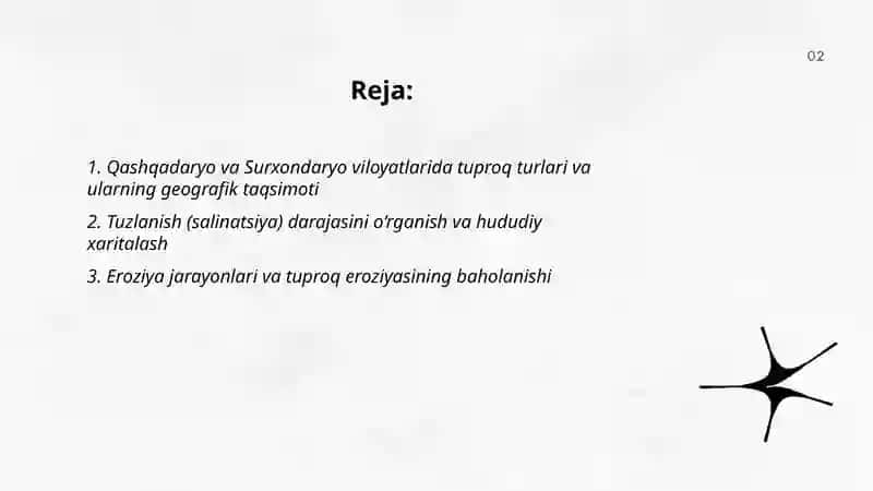 Qashqadaryo va Surxondaryo viloyatlarining tuproq ekologik holatini o'rganish va tahlil qilish 2