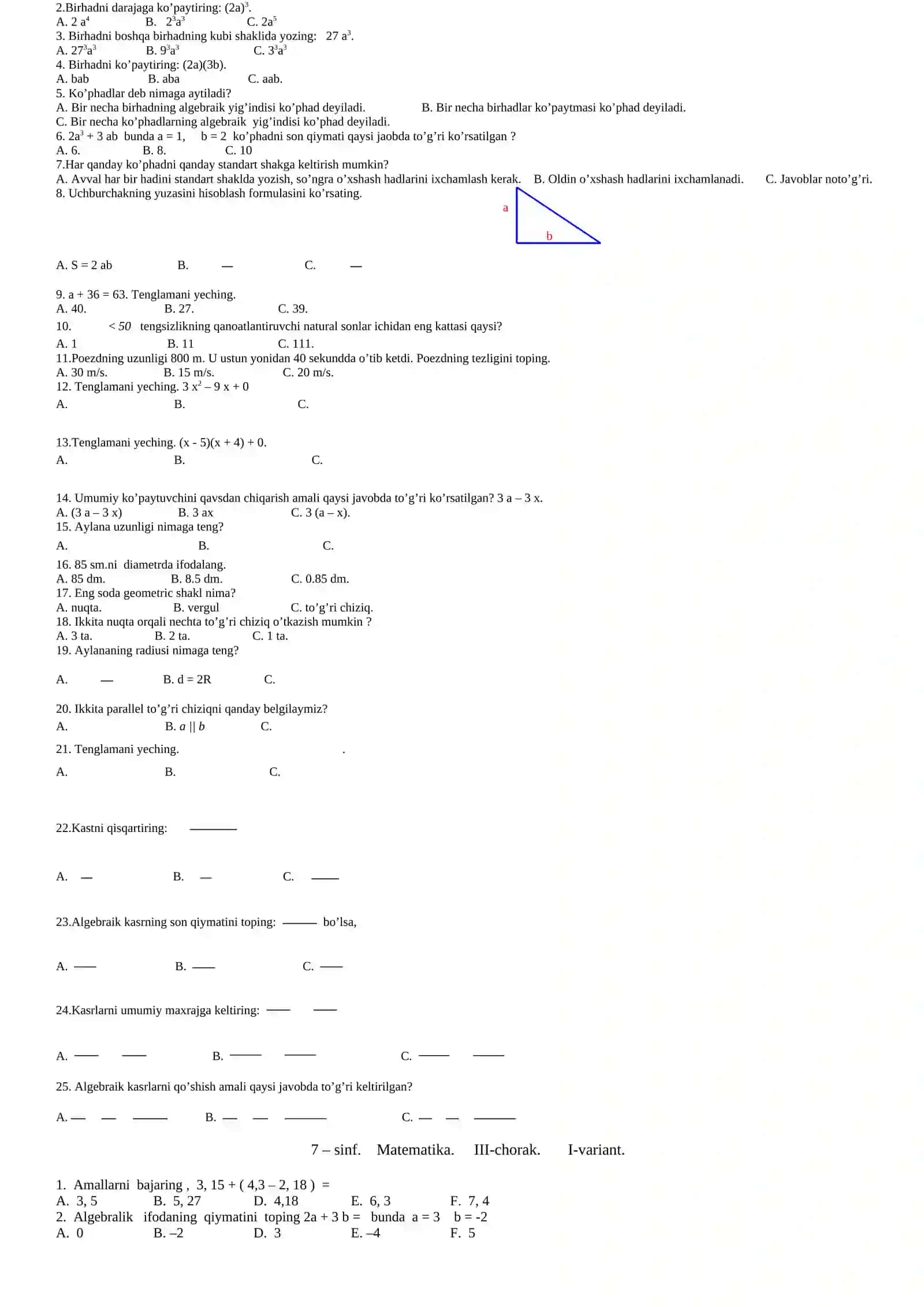 Matematika sinov testi 2