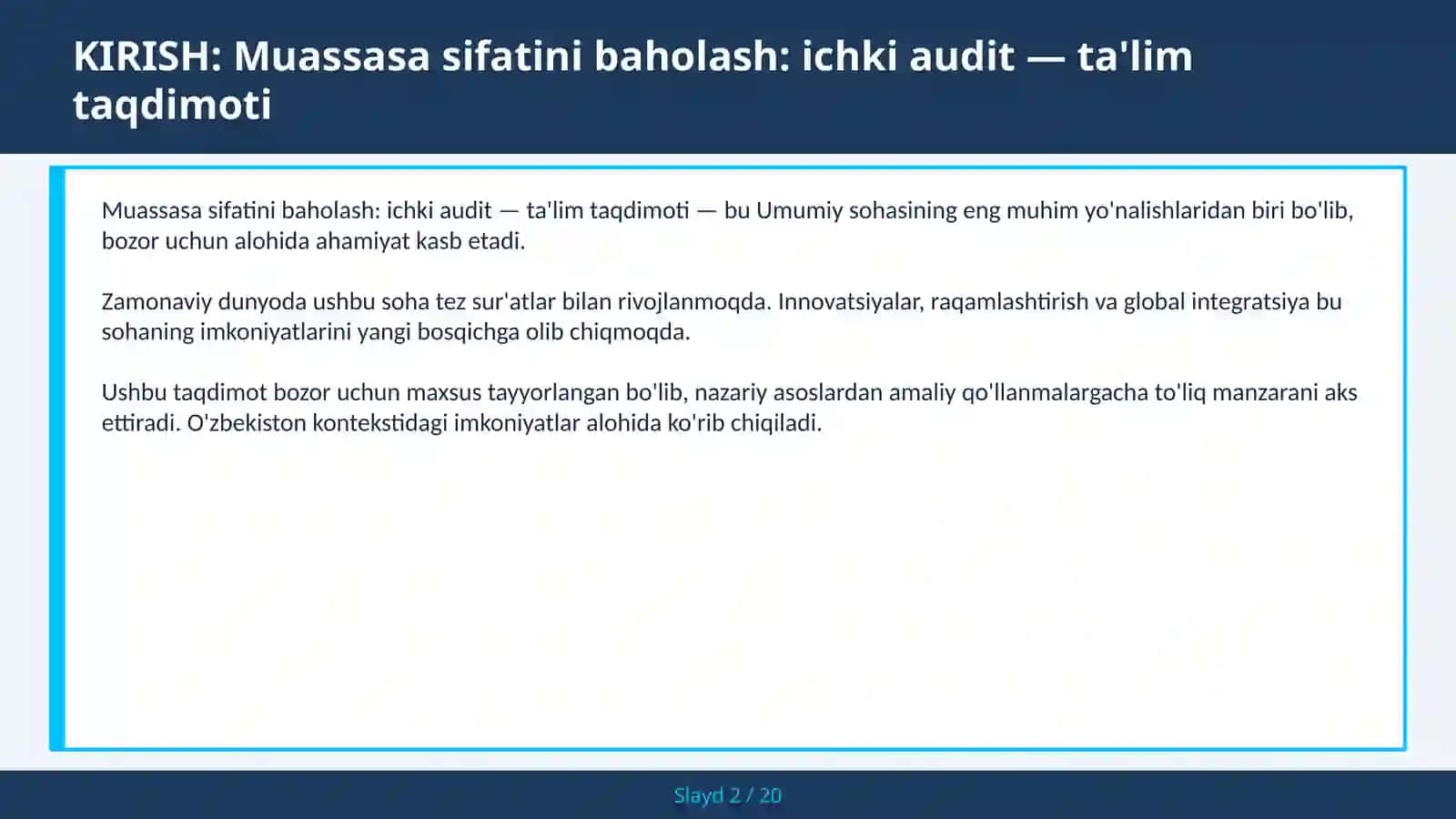 Muassasa Sifatini Baholash: Ichki Audit — Ta'lim Taqdimoti 2