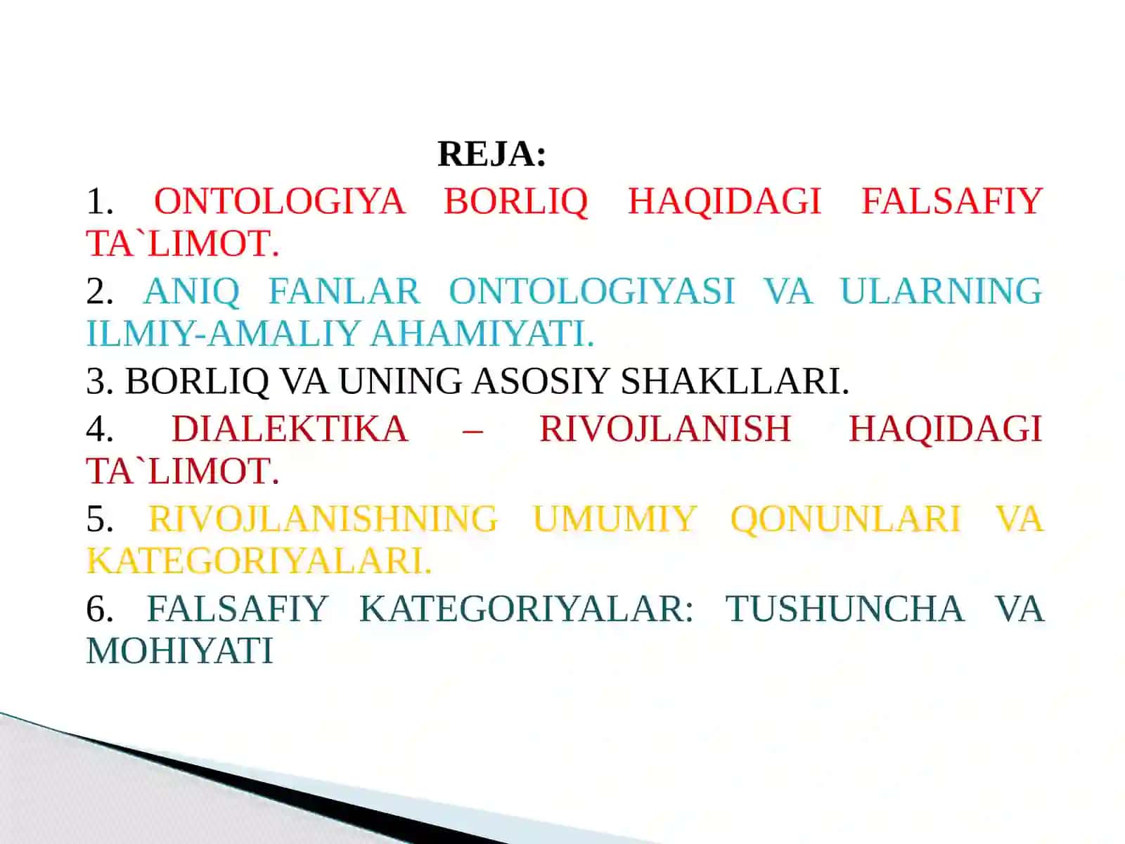 BORLIQ (ONTOLOGIYA) VA RIVOJLANISH (DIALEKTIKA) FALSAFASI 2