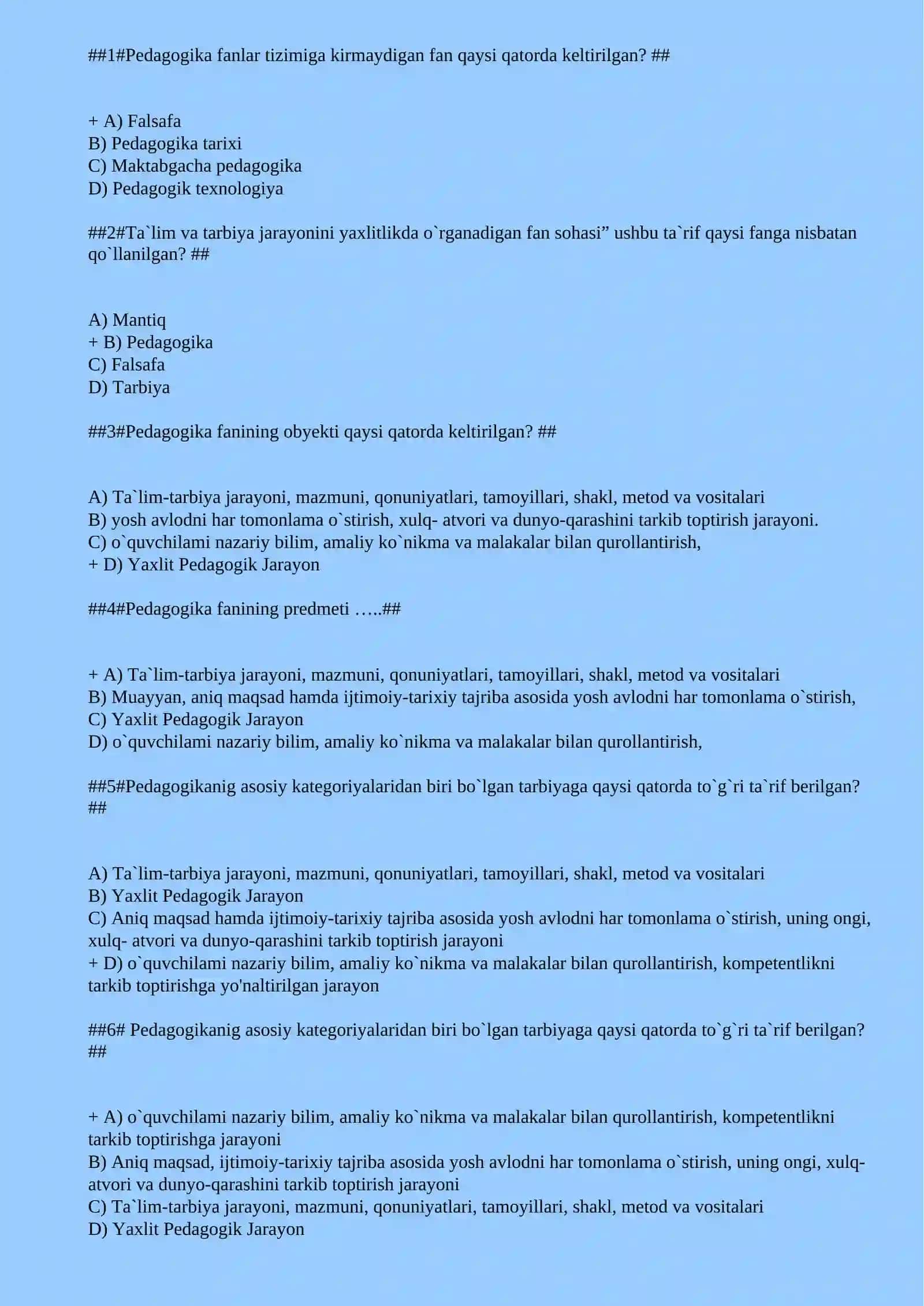 Umumiy pedagogika fanidan test savollari javoblar 2