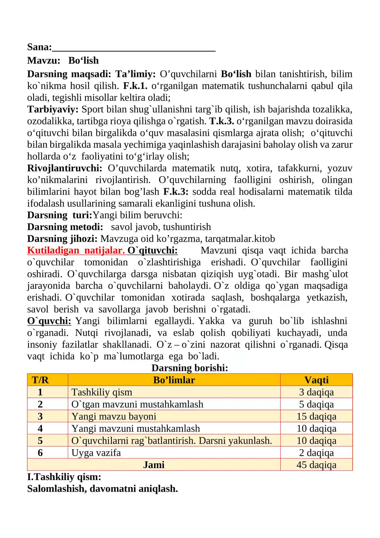 Bo‘lish mavzusida 4-sinf Matematika fanidan dars ishlanmasi 2