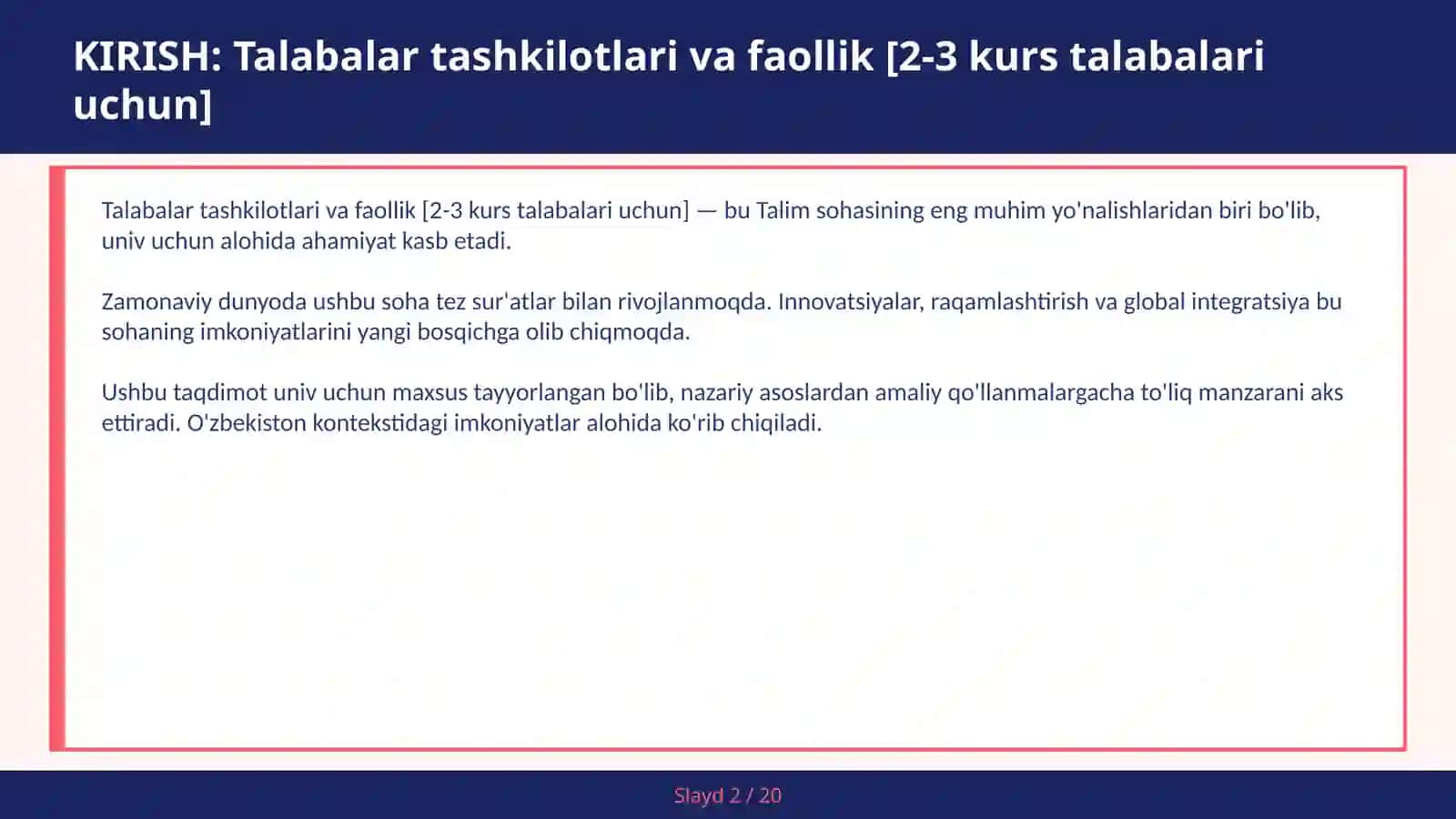 Talabalar tashkilotlari va faollik [2-3 kurs talabalari uchun] 2