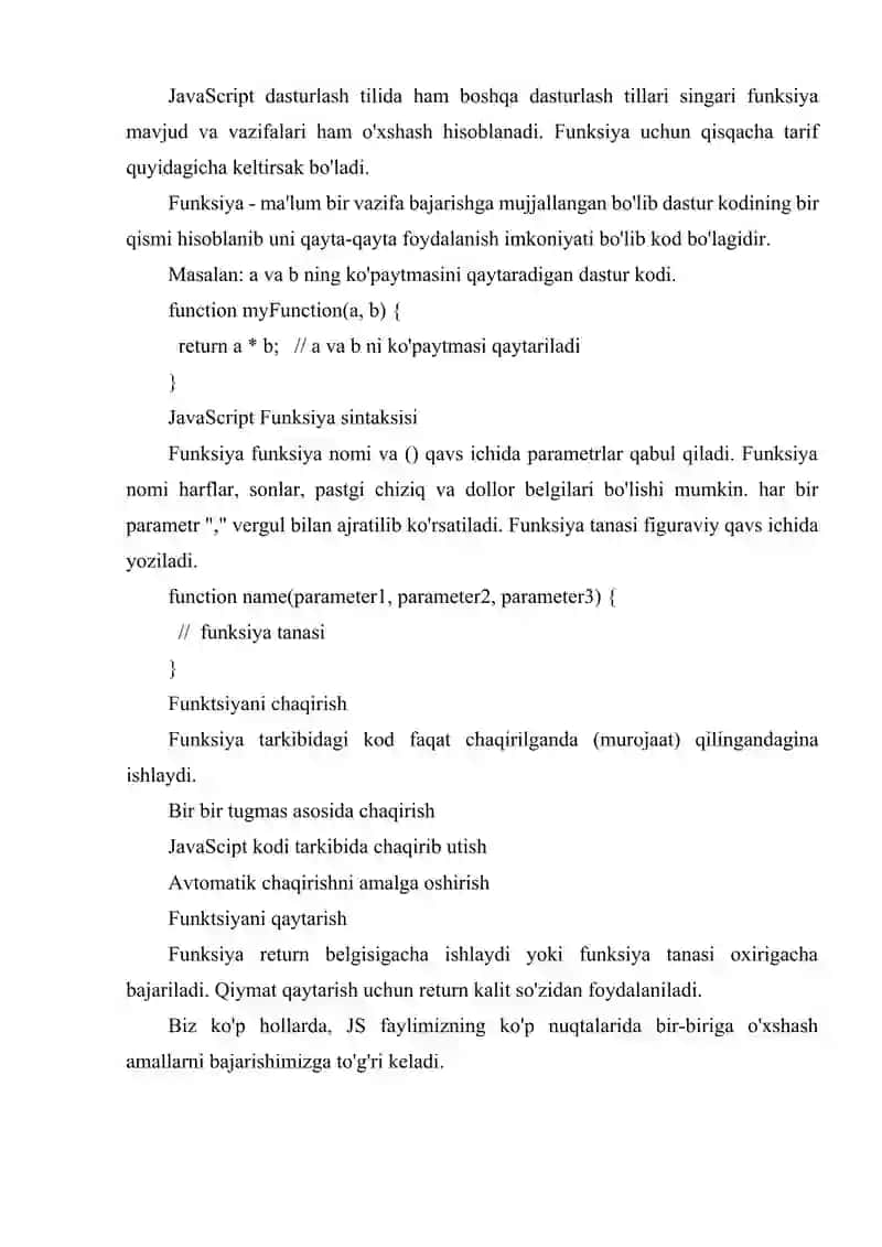 JAVASCRIPT FUNKSIYALARI E'LON QILISH VA CHAQIRISH TURLARI 2