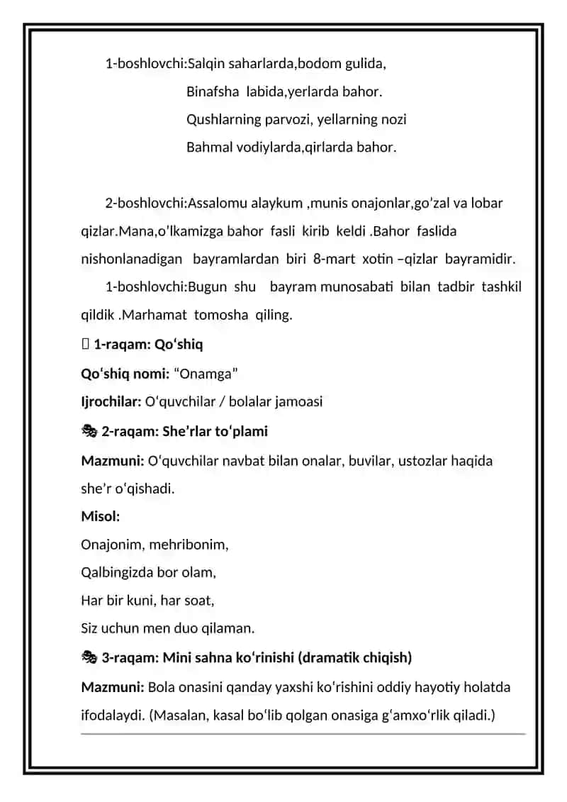 8-mart bayram tadbiri senariysi 2