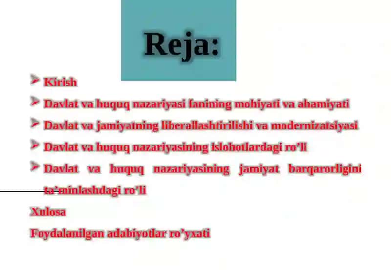 Davlat va jamiyat hayotining barcha sohalarini liberallashtirish, isloh qilish va modernizatsiyalashda davlat va huquq nazariyasi fanining ro’li 2