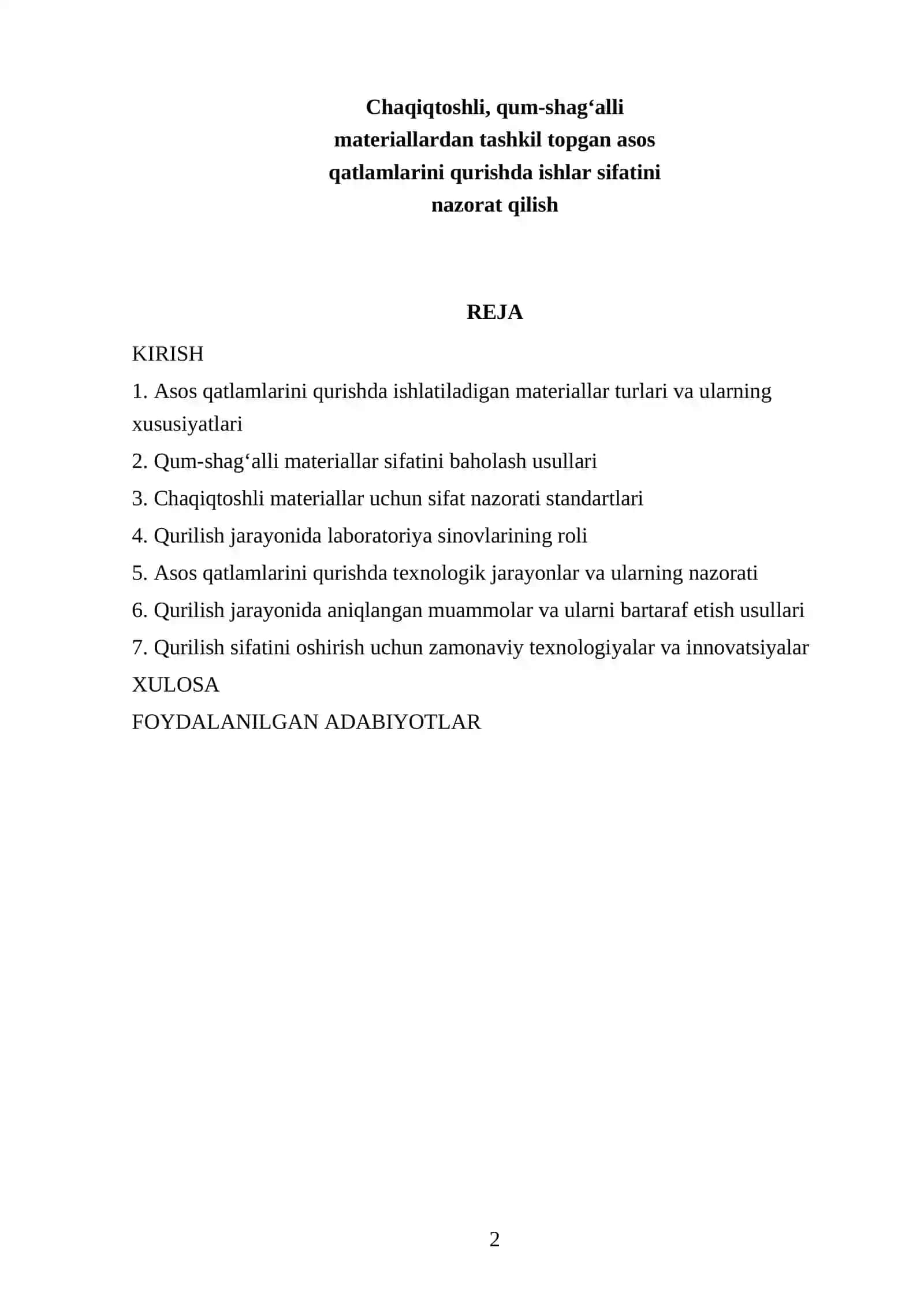 Umbarov Mirkomil's Referat: Chaqiqtoshli va Qum-shag‘alli Materiallar Qatlamlarini Qurish 2