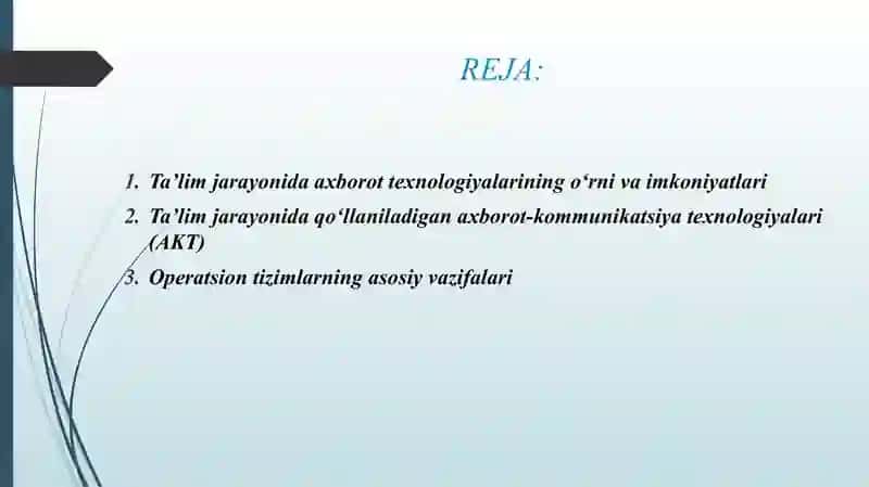 TA'LIM JARAYONIDA AXBOROT TEXNOLOGIYALARINING OʻRNI VA IMKONIYATLARI .TA'LIM JARAYONIDA QOʻLLANILADIGAN AXBOROT-KOMMUNIKATSIYA TEXNOLOGIYALARI, TEXNIK VA DASTURIY VOSITALARDAN FOYDALANISH. OPERATSION TIZIMLAR VA ULARNING TURLARI. ZAMONAVIY OʻQUV-TEXNIK VOSITALAR VA ULARNING TASNIFI. 2