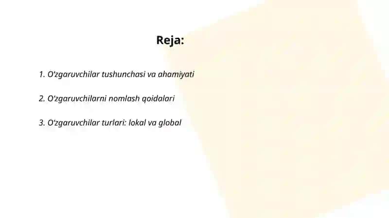 Oʻzgaruvchilar va malumot turlari 2