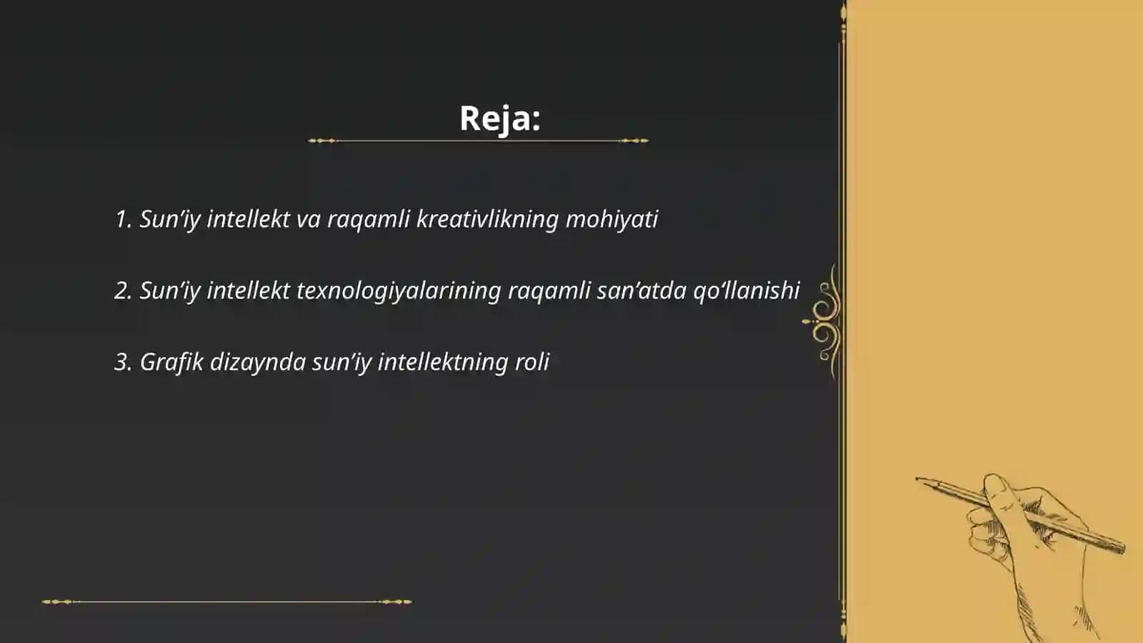 Sun’iy intellekt va raqamli kreativlik zamonaviy texnologiyalarning muhim yo‘nalishlaridan biri bo‘lib, ular birgalikda ijodiy jarayonlarni avtomatlashtirishga xizmat qiladi 2