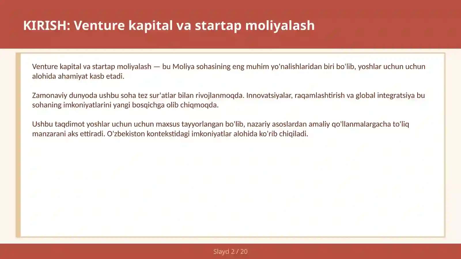 VENTURE KAPITAL VA STARTAP MOLIYALASH 2