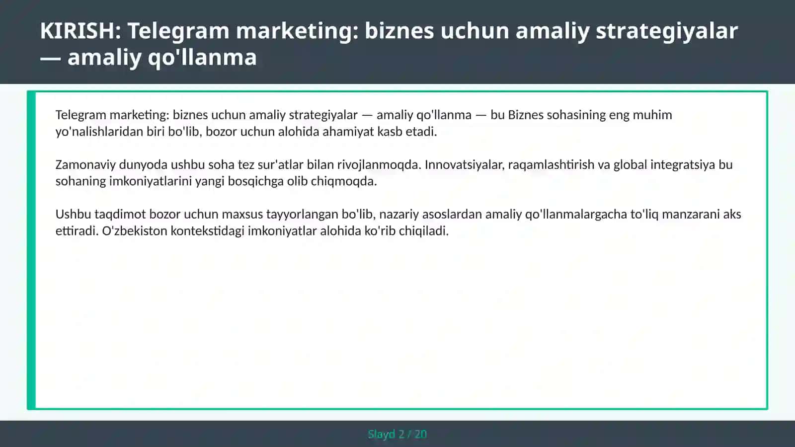 Telegram marketing: biznes uchun amaliy strategiyalar — amaliy qo'llanma 2