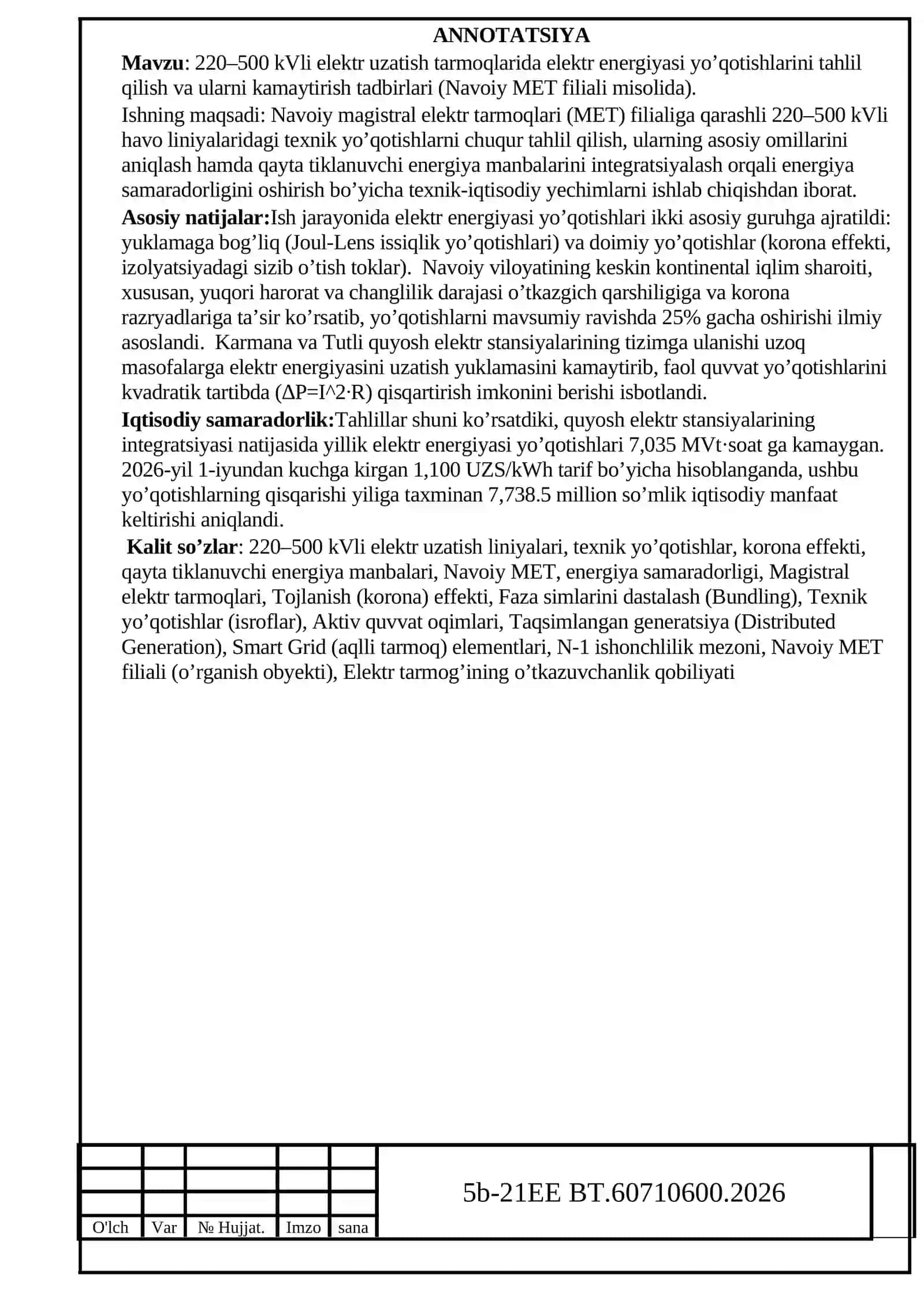 220–500 kVli elektr uzatish tarmoqlarida elektr energiyasi yo’qotishlarini tahlil qilish va ularni kamaytirish tadbirlari (Navoiy MET filiali misolida) 2