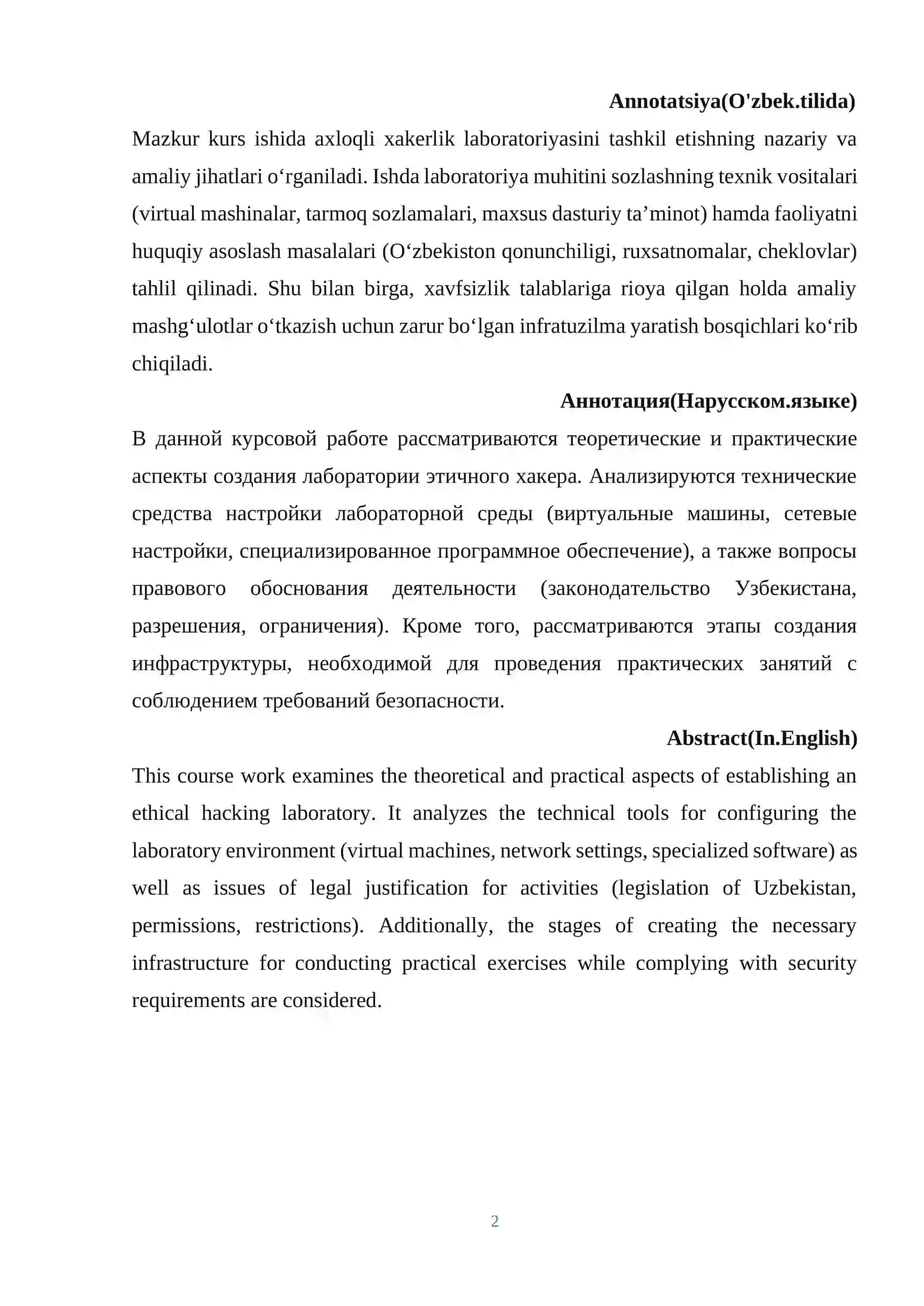 Dasturiy vositalar xavfsizligi fanidan KURS ISHI 2