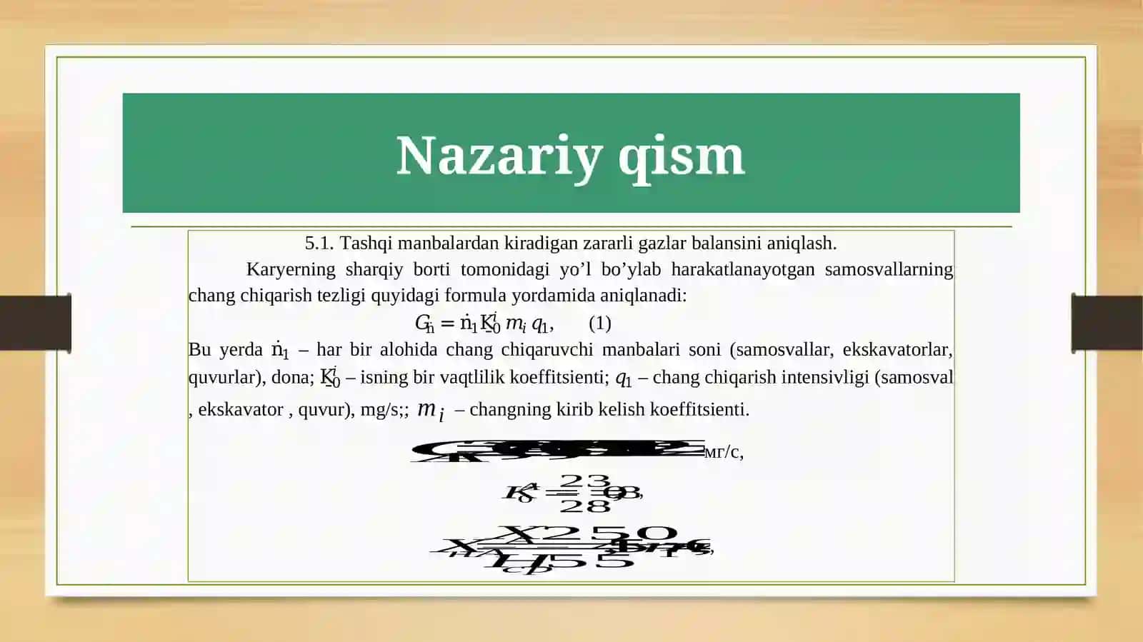 Karyerat atmosferasi dagi zaharli gazlar nixavfsiz konsentratsiyaga aylanishi uchun zarur bo'lgan havo miqdorini hisoblash 2