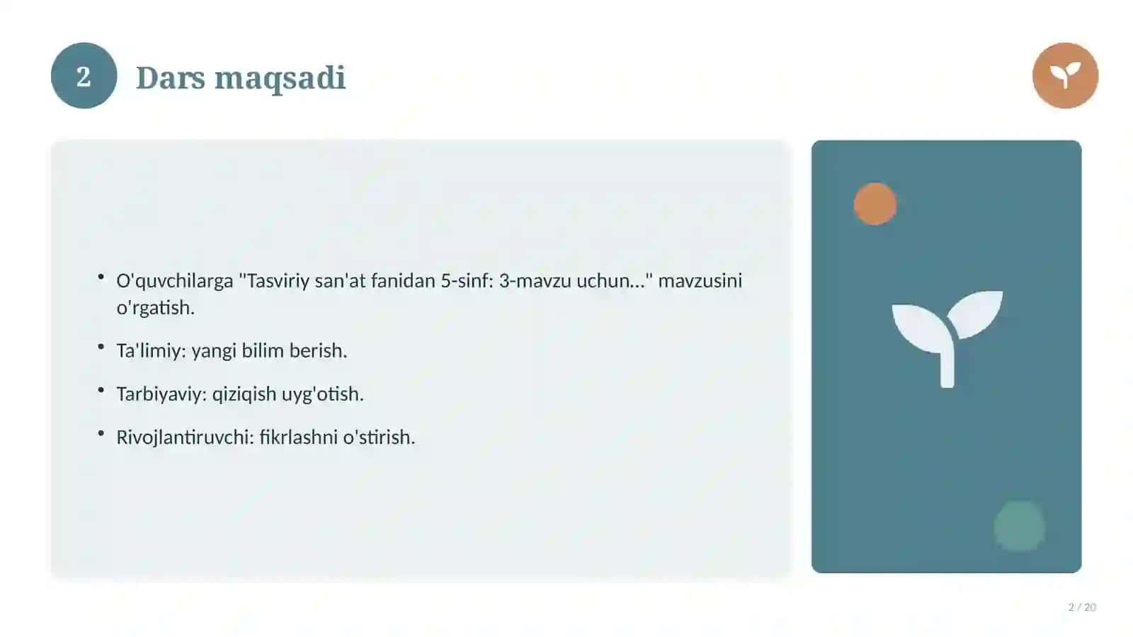 Tasviriy san'at fanidan 5-sinf: 3-mavzu uchun batafsil dars ishlanmasi 2