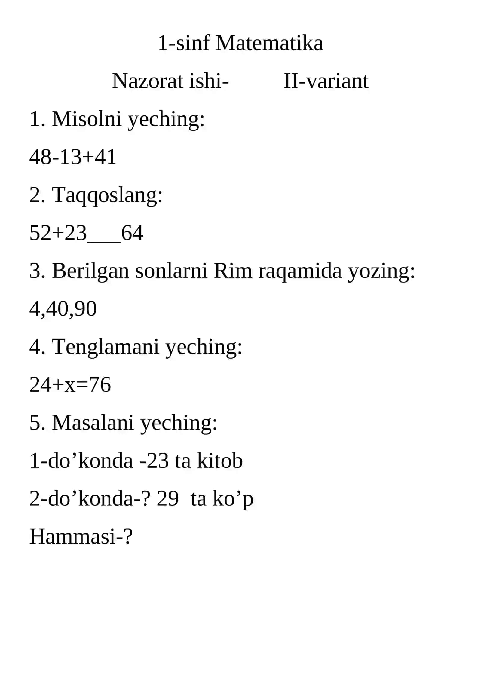 1-sinf Matematika Nazorat ishi 2