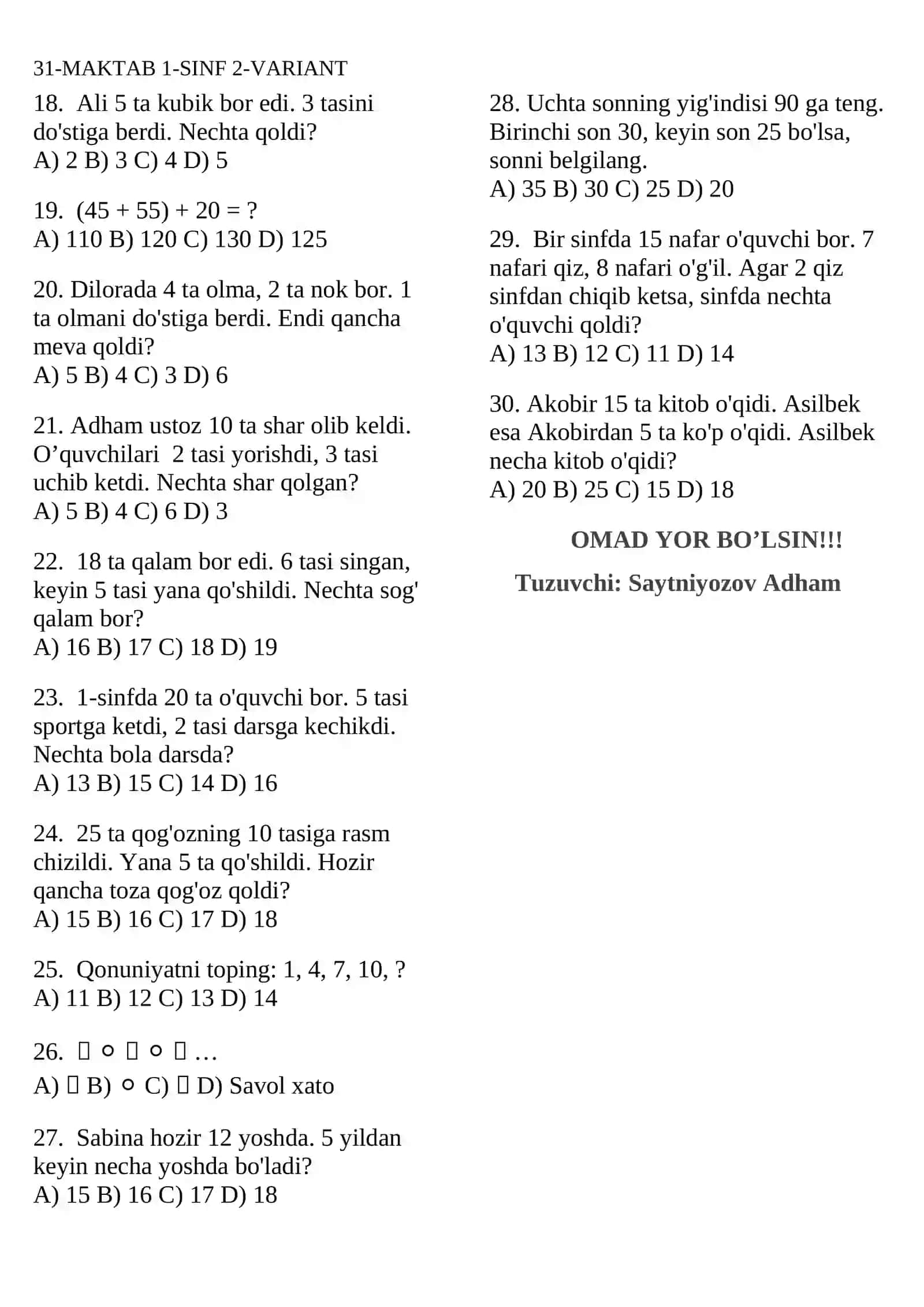 matematika 2-sinf testi 2