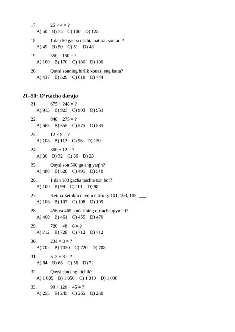 Matematika fanidan natural sonlar testi(5-sinf) 2