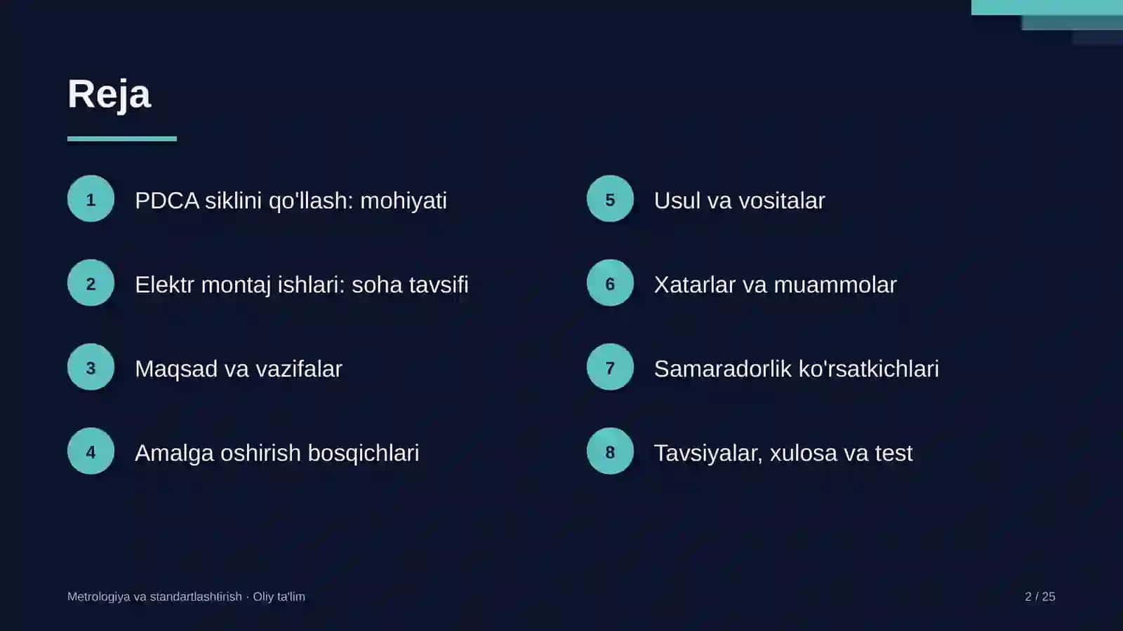 Elektr montaj ishlarida PDCA siklini qo'llash 2