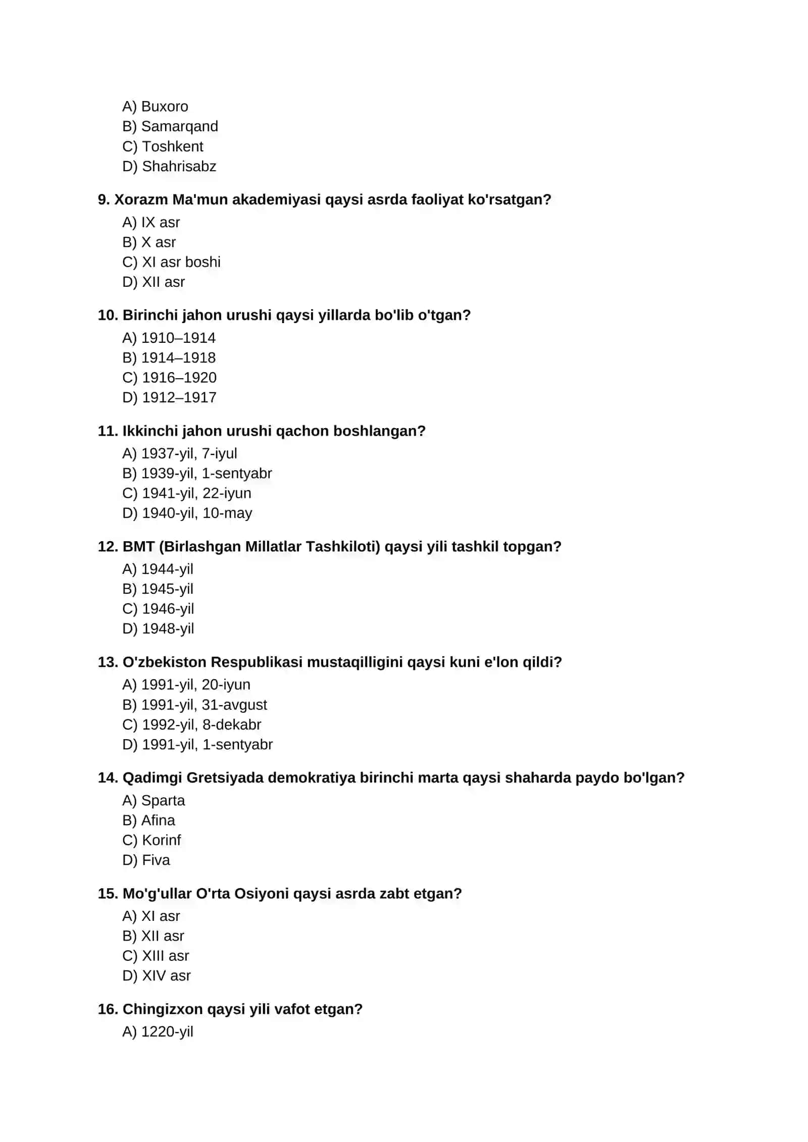 TARIX FANIDAN TESTLAR 2