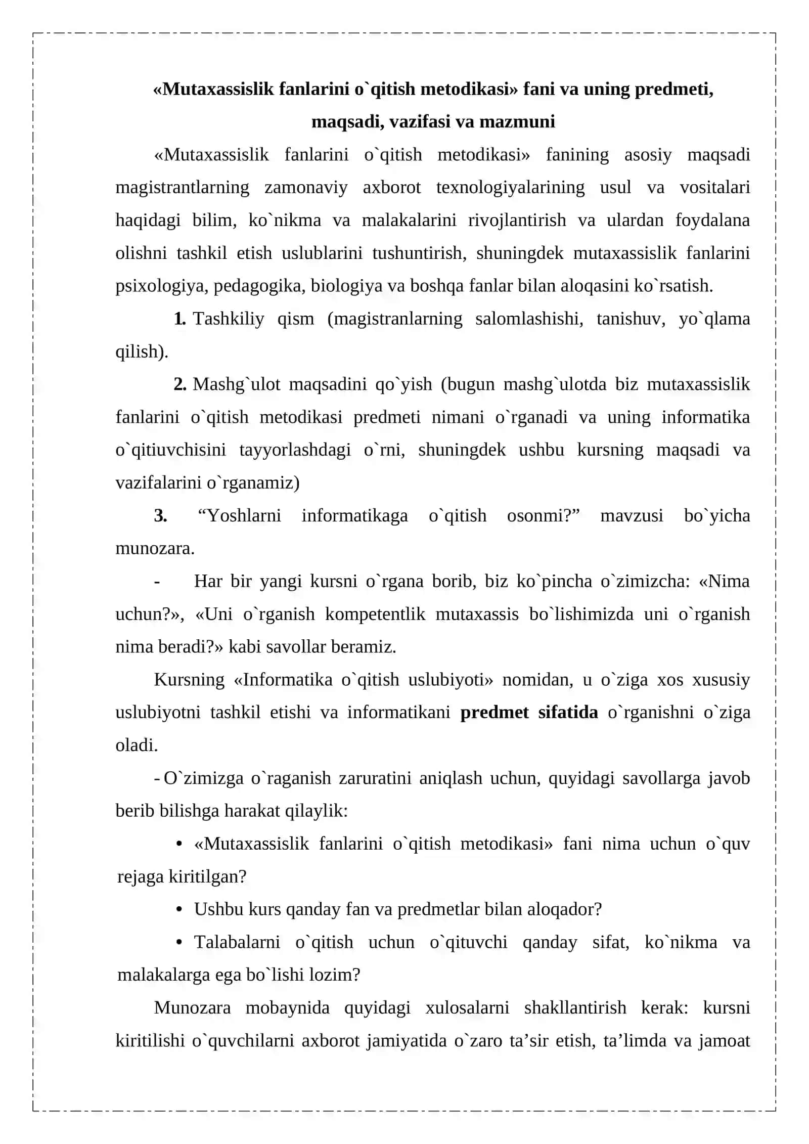 Mutaxassislik fanlarini o`qitish metodikasi 2