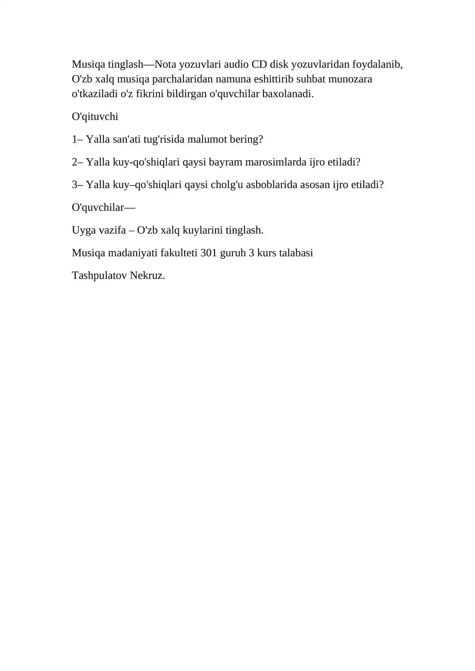 7- Sinf Musiqa tinglash faoliyatidan.Dars ishlanmasi 2
