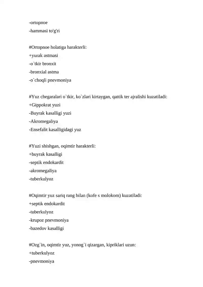 Ichki kasalliklar propedevtikasi fanidan 500 talik test, javoblari bilan 2