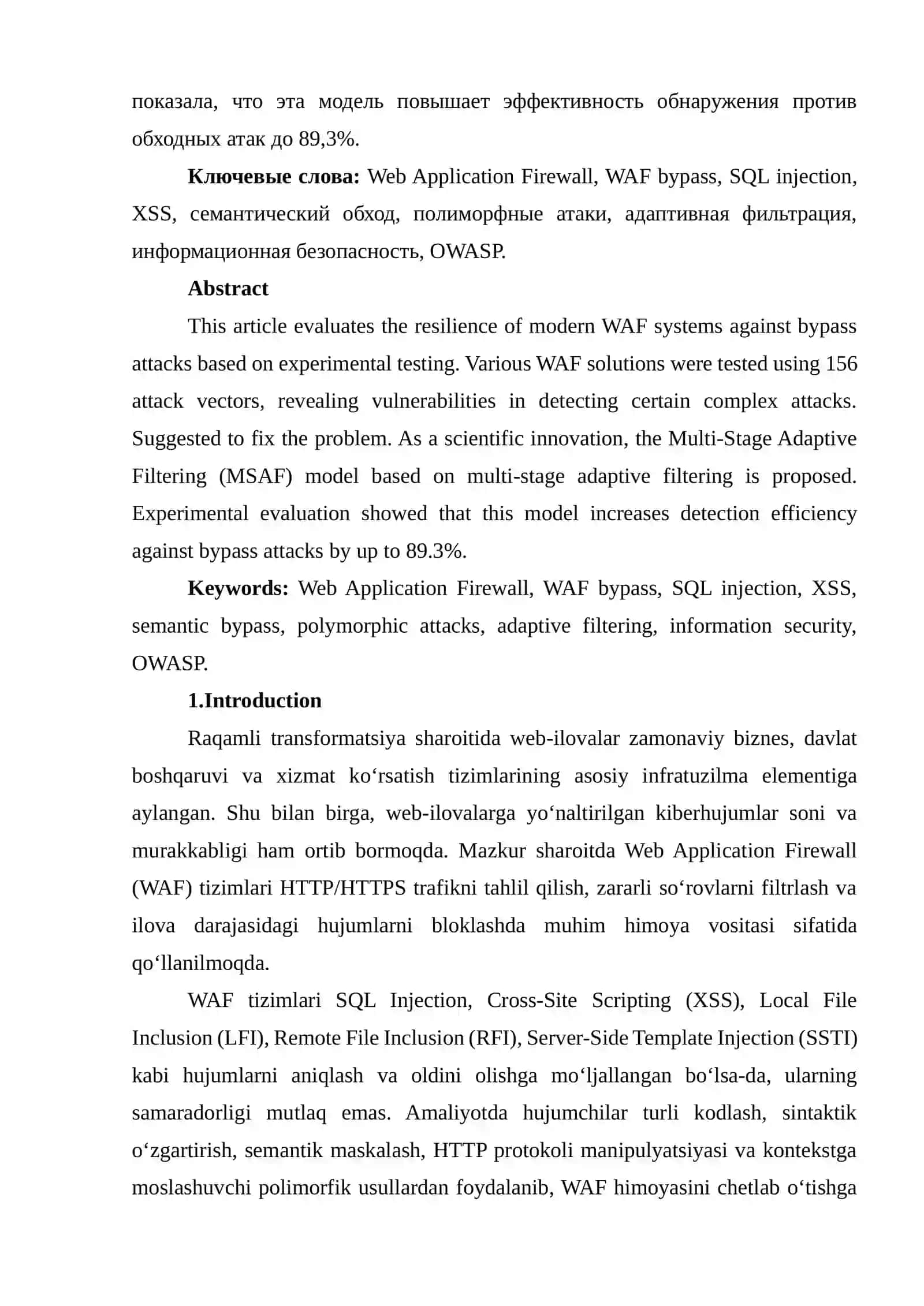 WEB APPLICATION FIREWALL (WAF) TIZIMLARINI CHETLAB OʻTISH USULLARI: EKSPERIMENTAL TAHLIL VA ADAPTIV HIMOYA MODELI 2