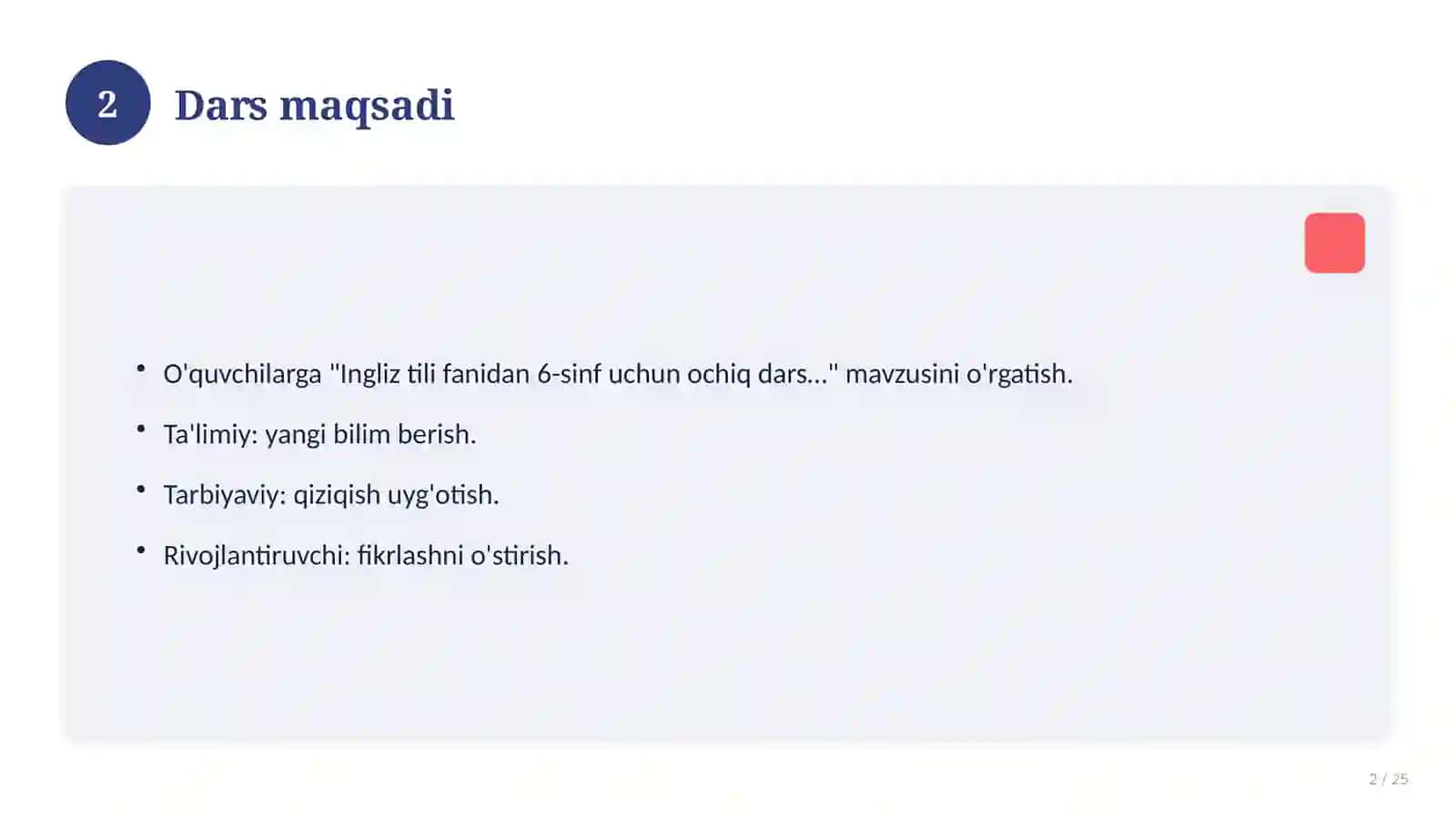 Ingliz tili fanidan 6-sinf uchun ochiq dars ishlanmasi 2