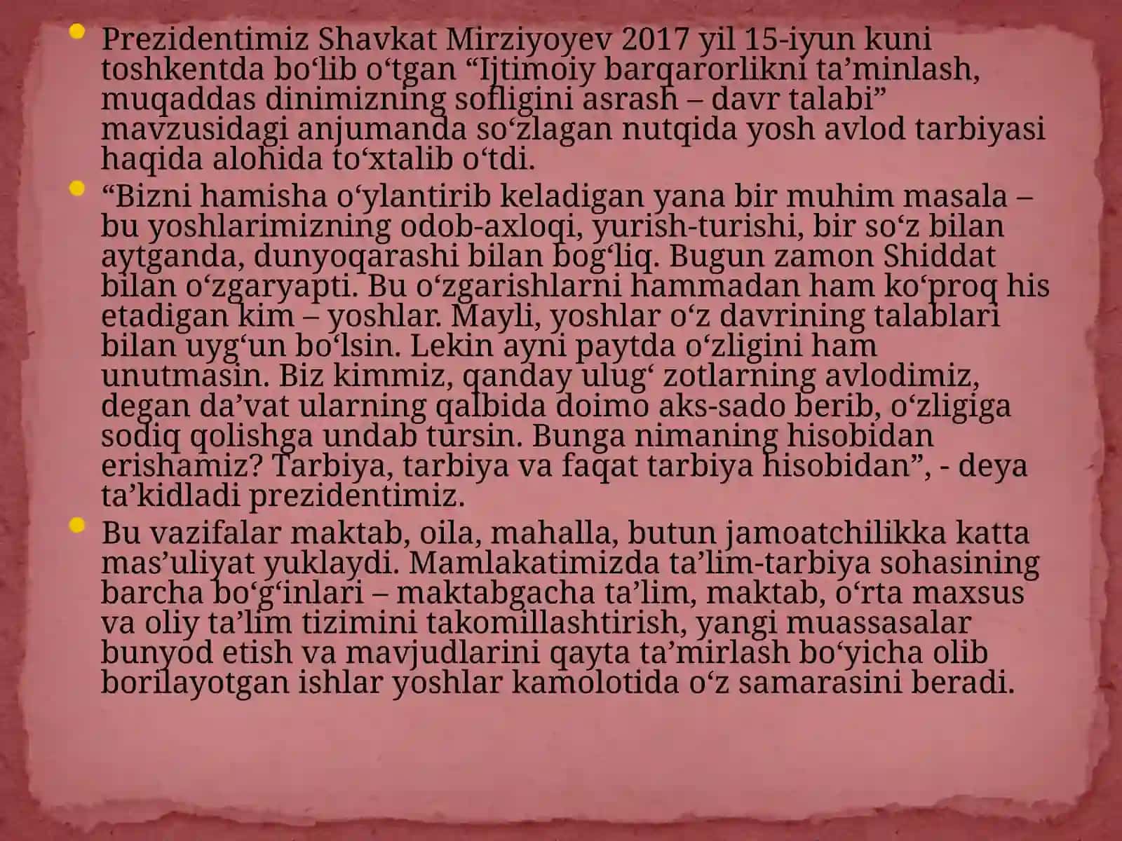 O‘zbekiston Respublikasi rivojining yangi bosqichida ta’lim-tarbiya islohotlari: Sh.M.Mirziyoyevning ta’lim-tarbiyaga oid fikrlari 2