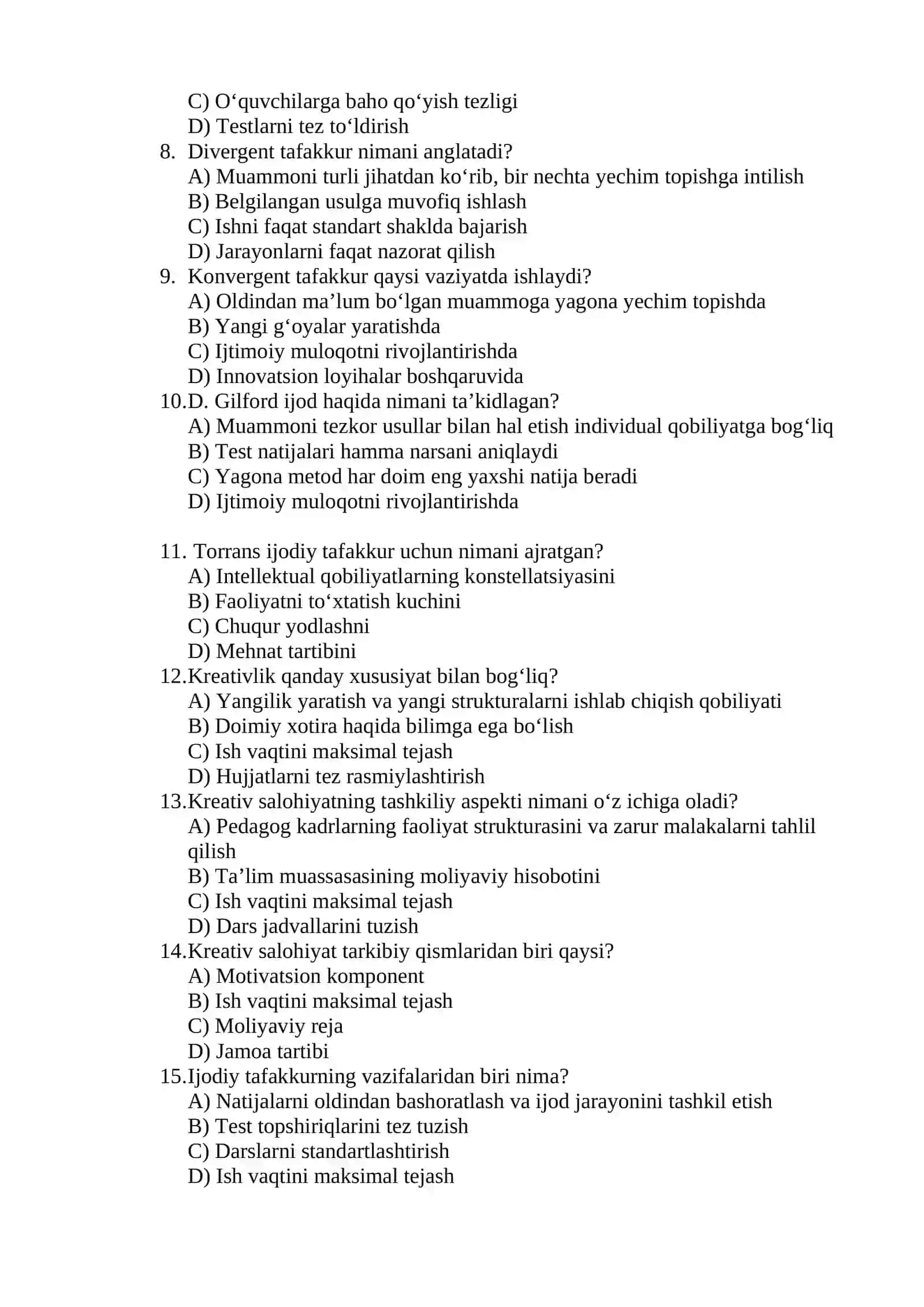 Kreativ pedagogika fanidan test savollari 2