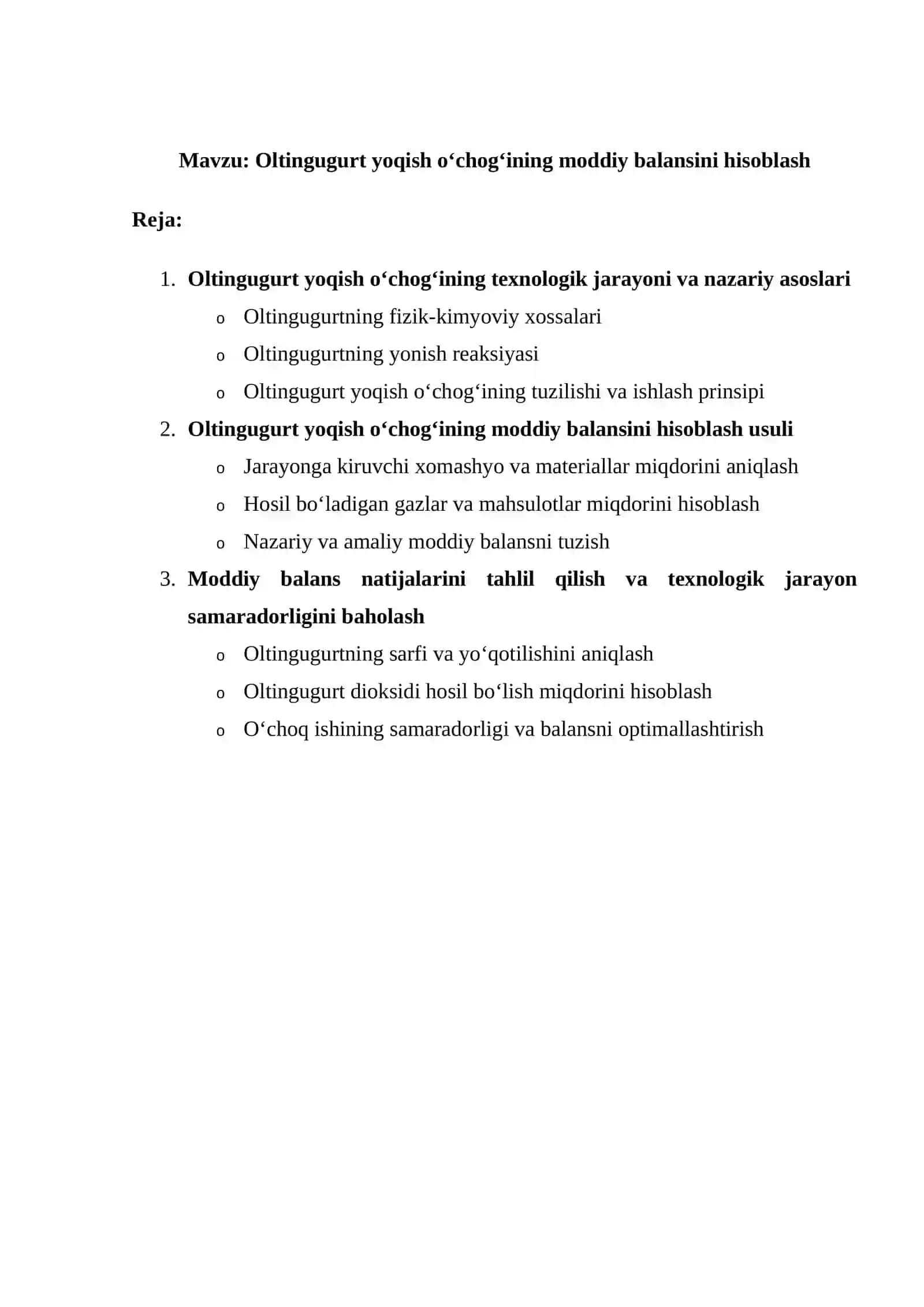 Oltingugurt yoqish o‘chog‘ining moddiy balansini hisoblash 2