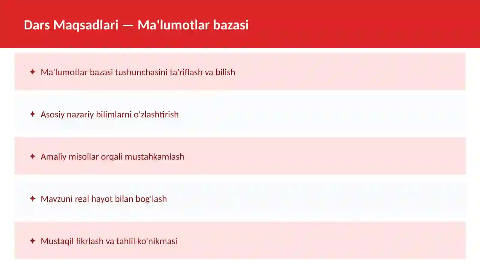 SQL O'qituvchilar va talabalar uchun dars ishlanma 2