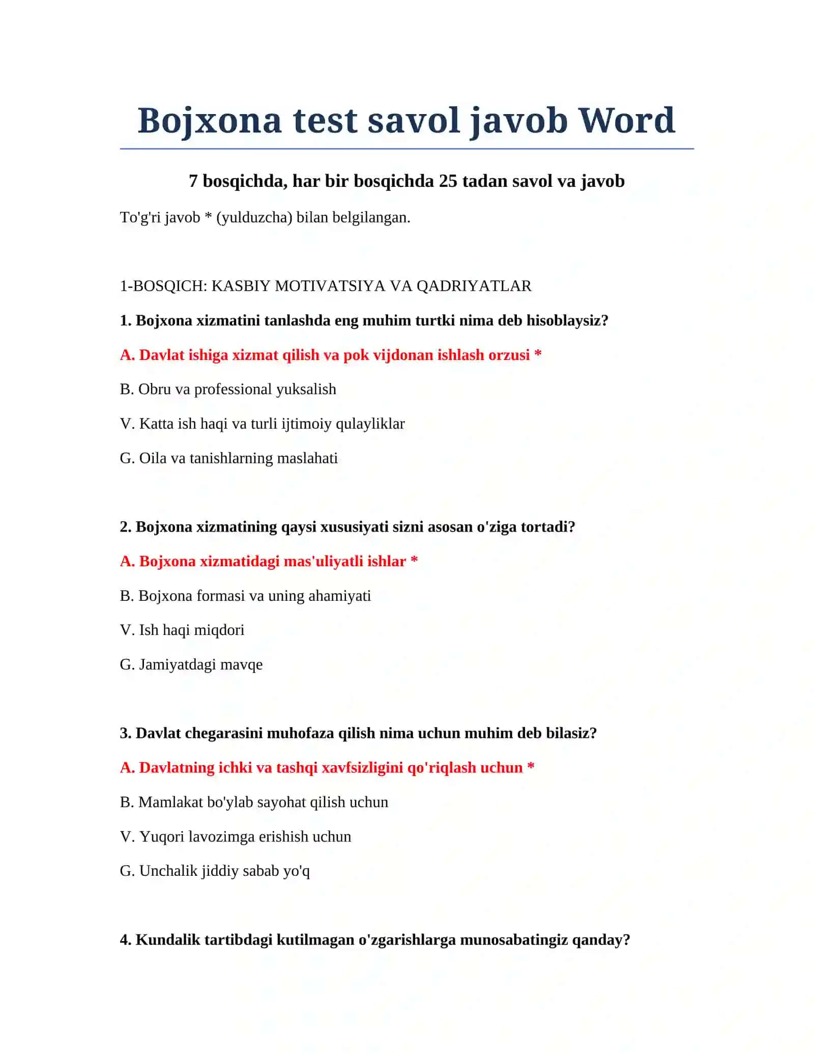 Bojxona test savol javob Word 2