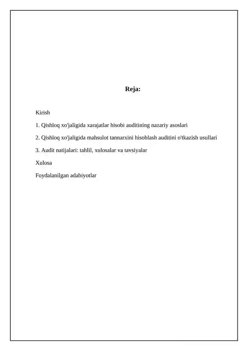 Dehqonchilikda xarajatlar hisobi va mahsulot narxini kalkulyatsiyalash auditi 2