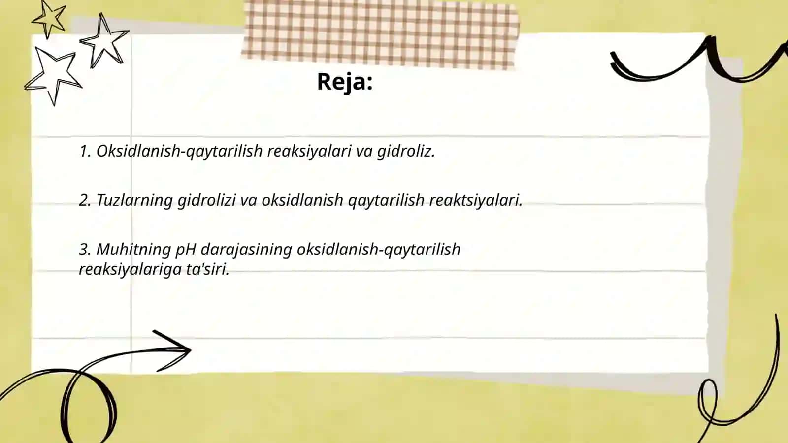 Oksidlanish qaytarilish reaksiyalariga oid tajribalar reaksiyalarning borishiga muhitning taʼsiri. Tuzlar gidrolizi 2