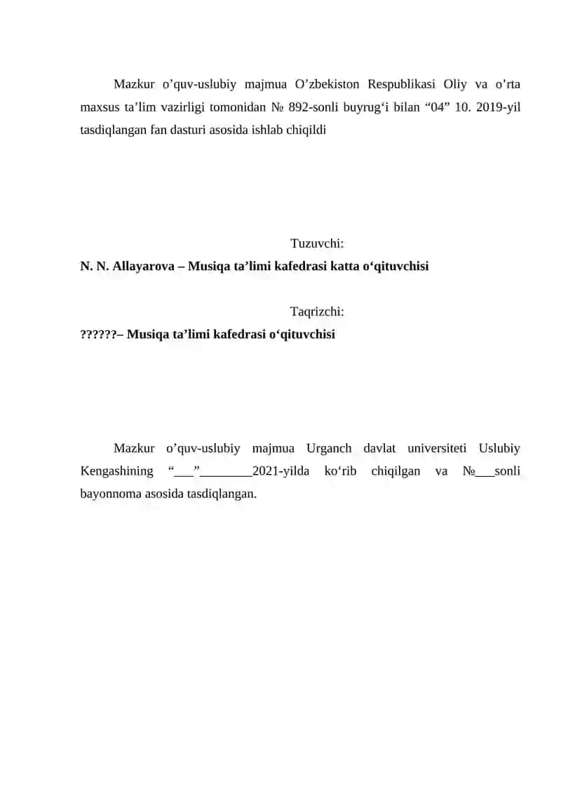 "MUSIQA TARIXI" FANIDAN O‘QUV-USLUBIY MAJMUA 2