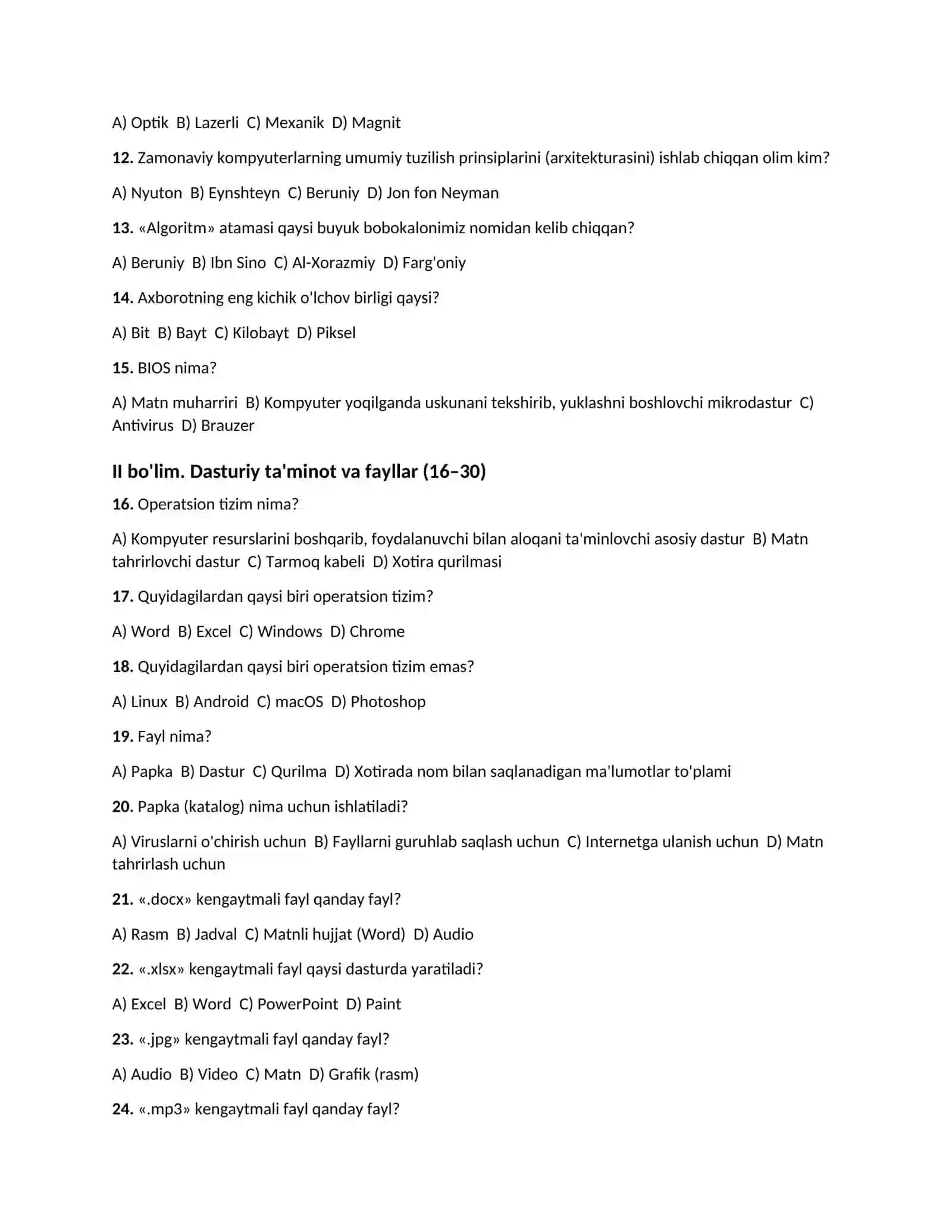 AKT bo'yicha 100 ta test (javoblari bilan) 2