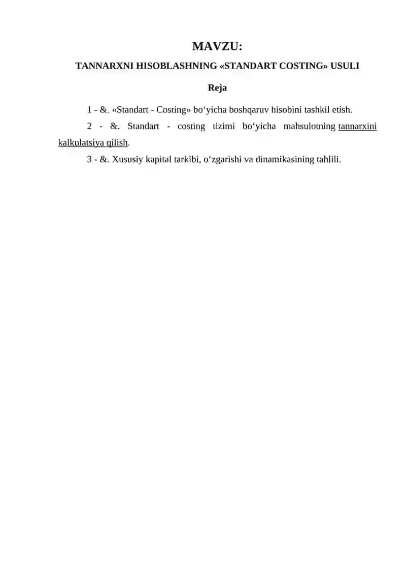 TANNARXNI HISOBLASHNING «STANDART COSTING» USULI 2