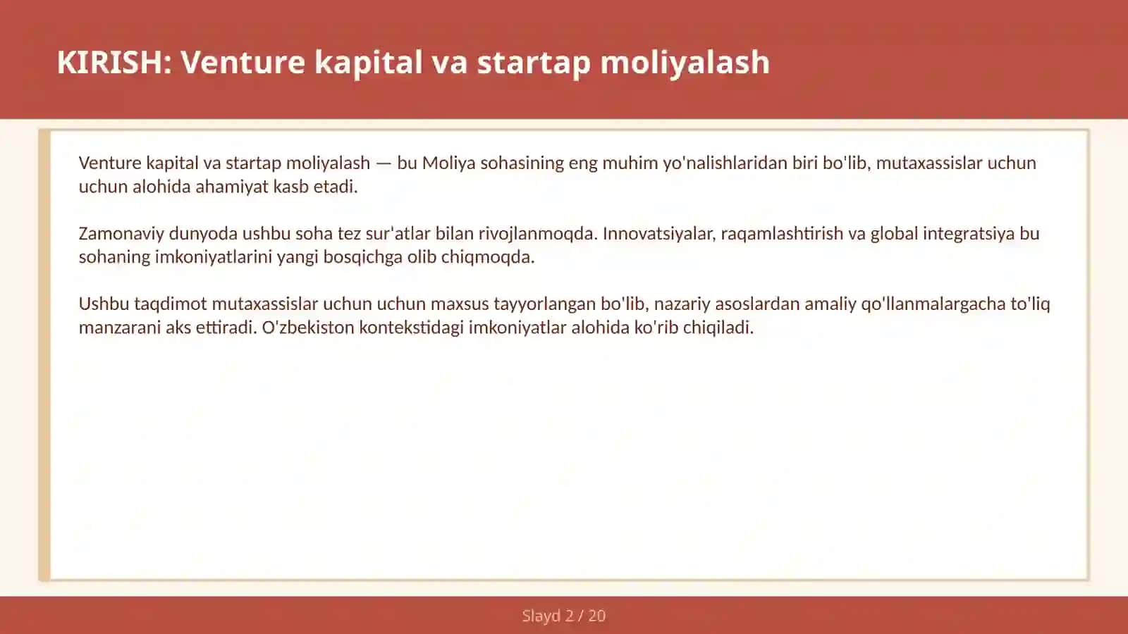 VENTURE KAPITAL VA STARTAP MOLIYALASH 2