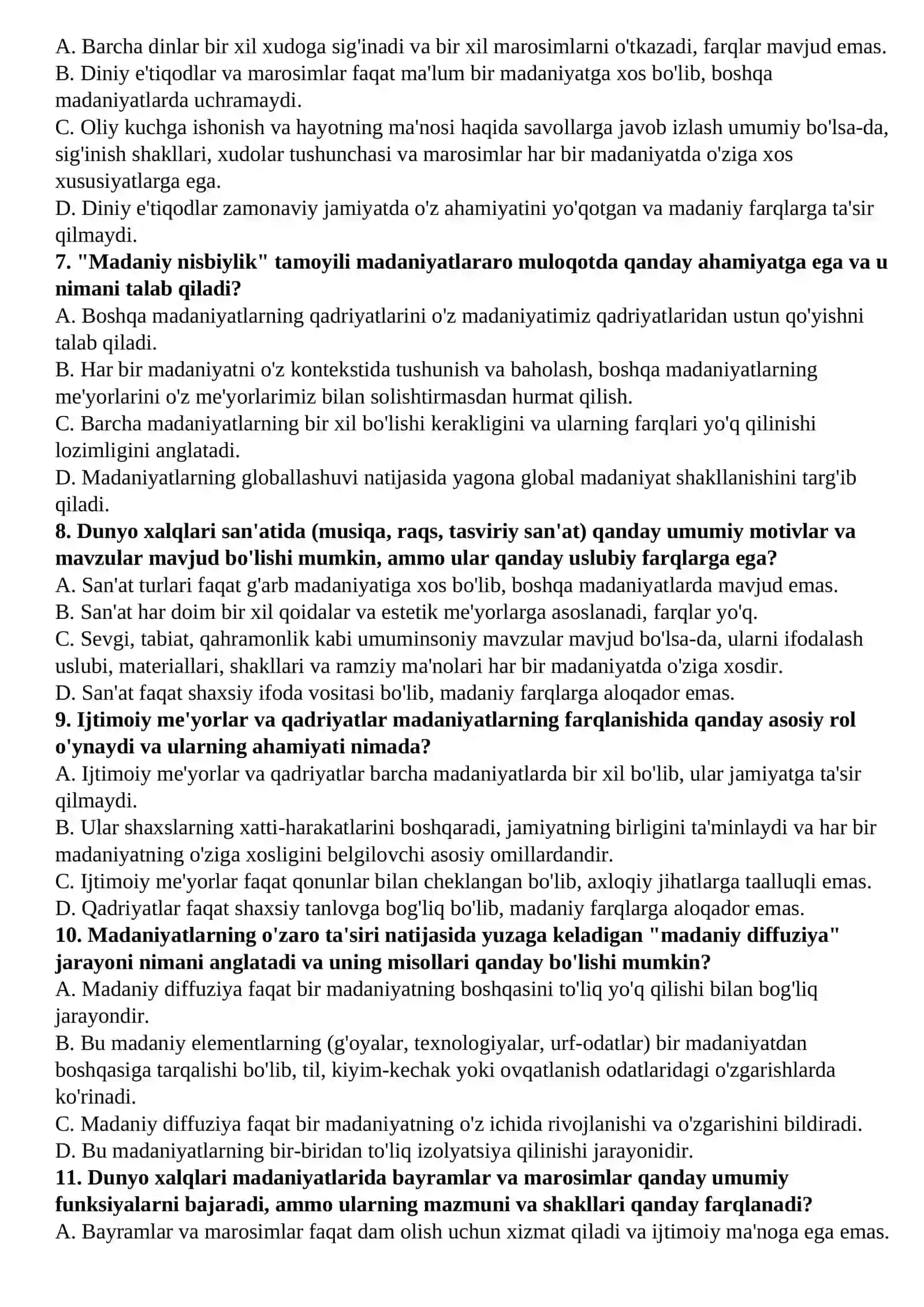 “Dunyo xalqlari madaniyatidagi umumiylik va farqlar” Test 2