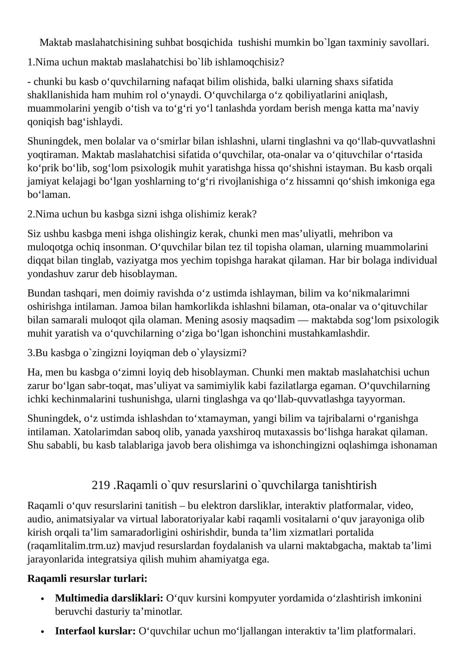 Maktab maslaxatchisi suxbat savollari 200 ta bilet 2